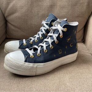 Custom Embroidered Converse Blue High-Tops with White Laces Gold Accents